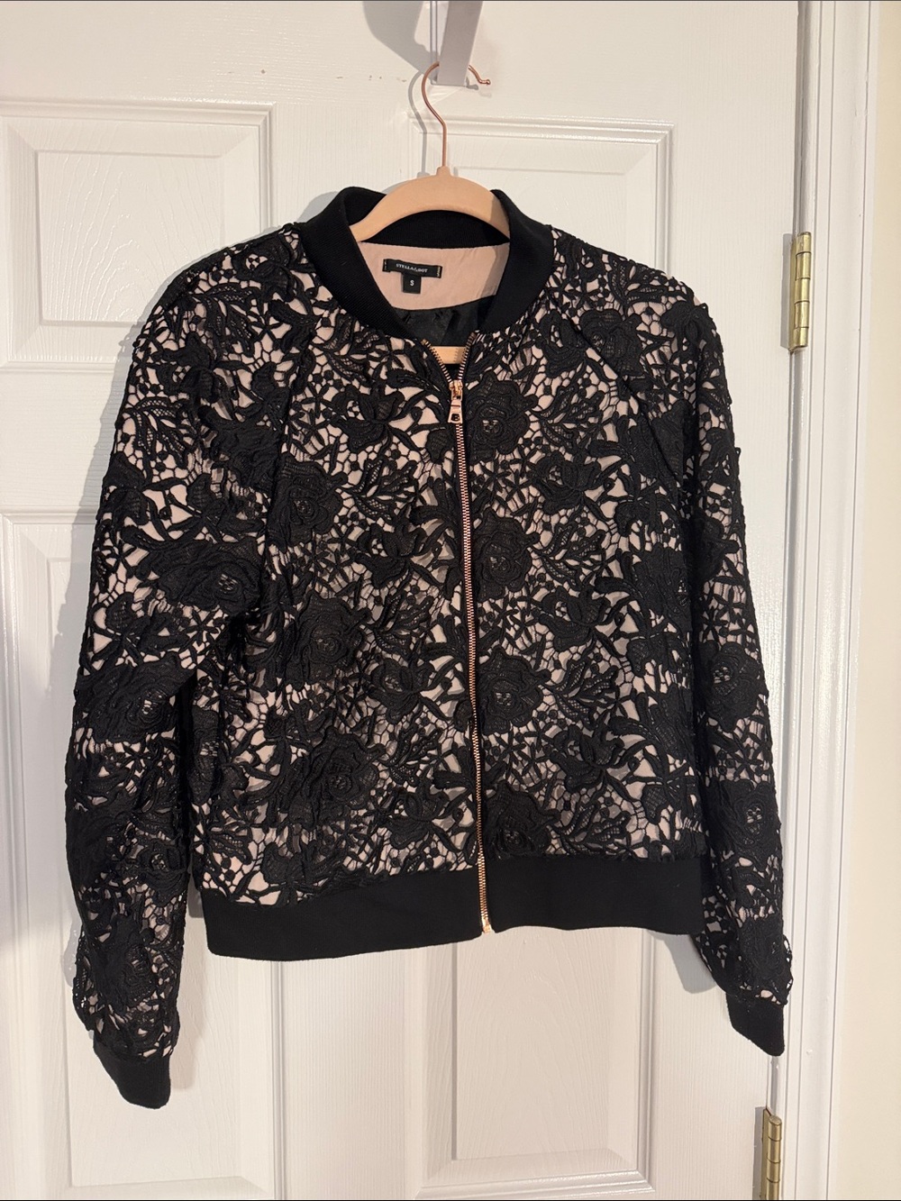 Stella & Dot Black Floral Lace Bomber Jacket with Nude Lining